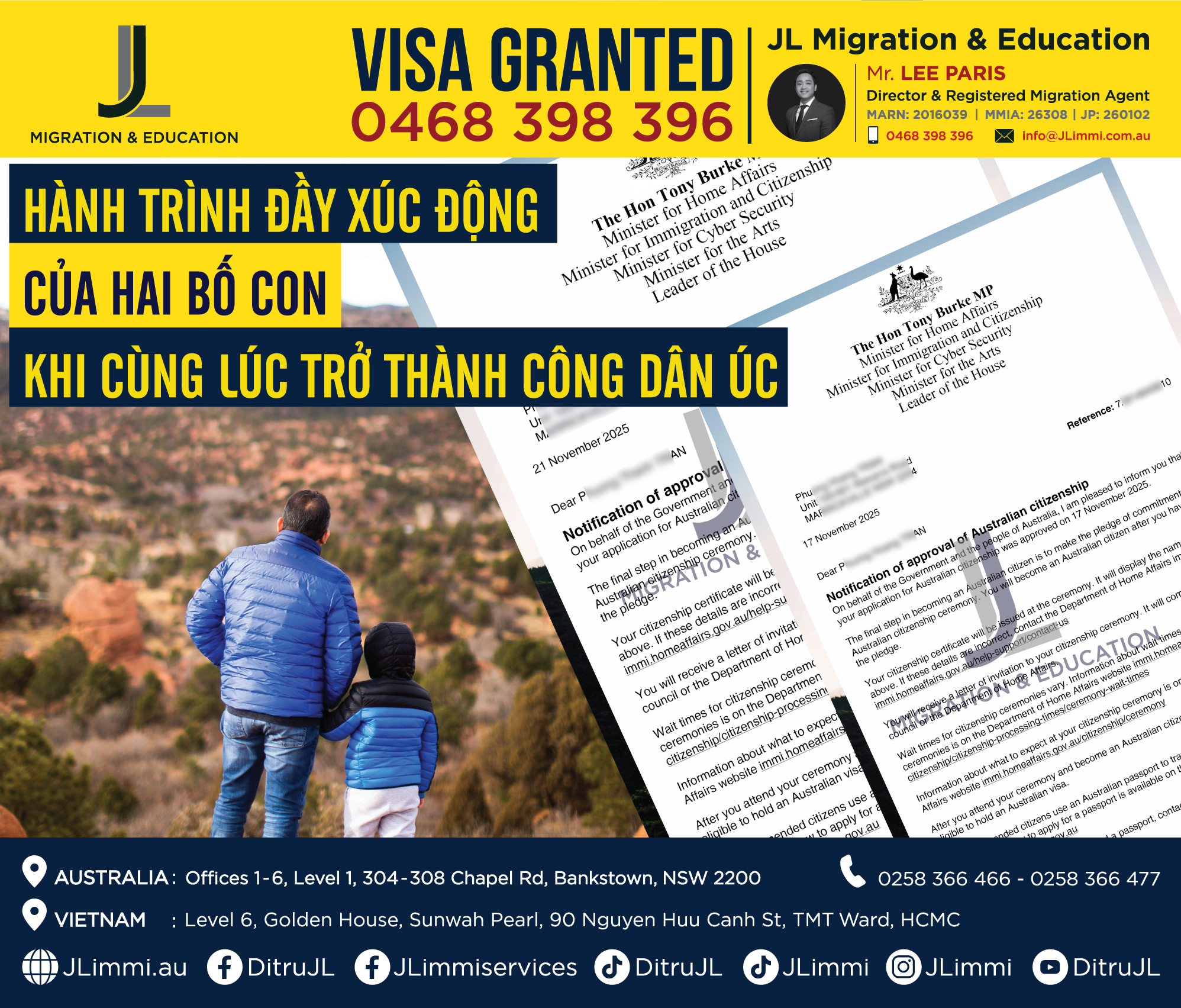 Hành trình đầy xúc động của hai bố con khi cùng lúc trở thành công dân Úc Hành trình đầy xúc động của hai bố con khi cùng lúc trở thành công dân Úc